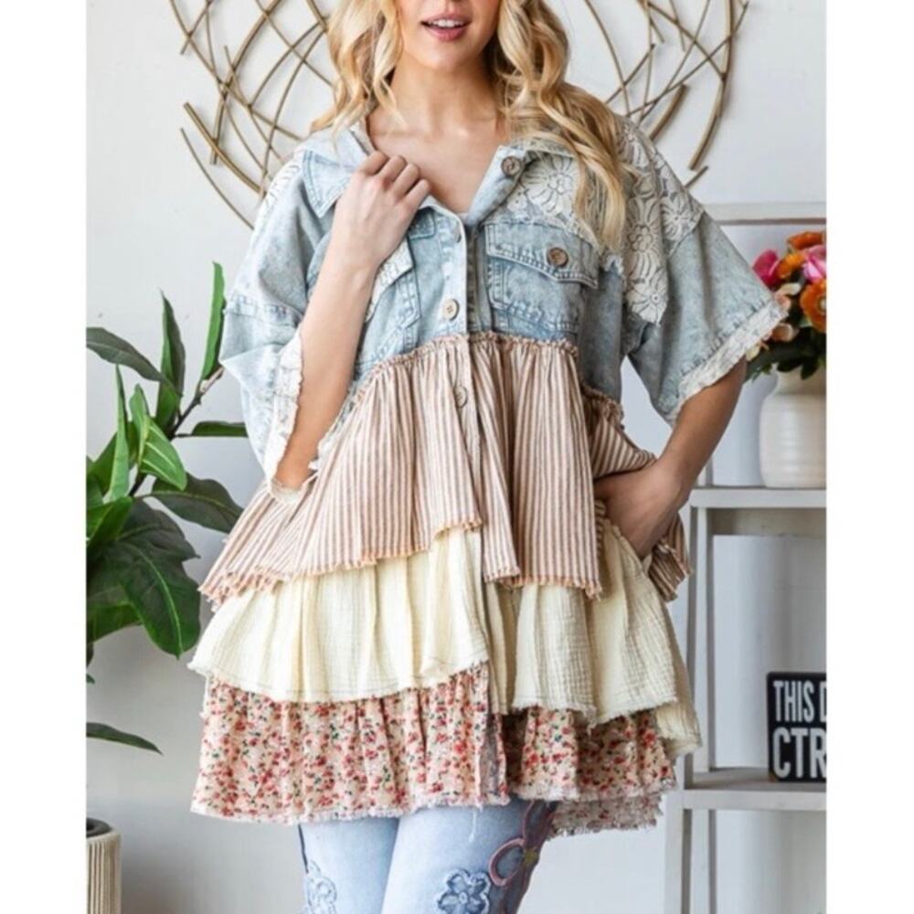Oli & Hali Sz L Mixed Fabric Tiered Ruffled Short Sleeve Denim Jacket with Hood
